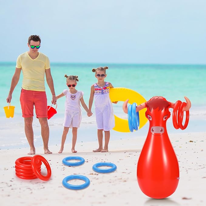 2 Pcs Inflatable Ring Toss Set Include 2 Inflatable Base 12 Rings for Cowboy Fiesta Rodeo Luau Beach Pool Birthday Party Supplies