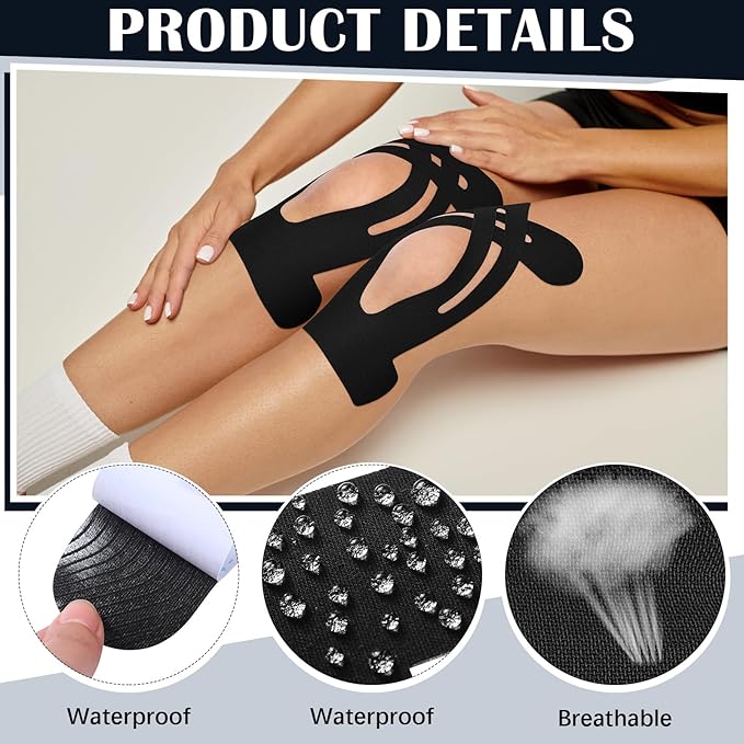 50 Pcs Precut Kinesiology Tape for Knees Pain Relief Elastic Waterproof Athletic Knee Tape for Support Stability Sports(Black)