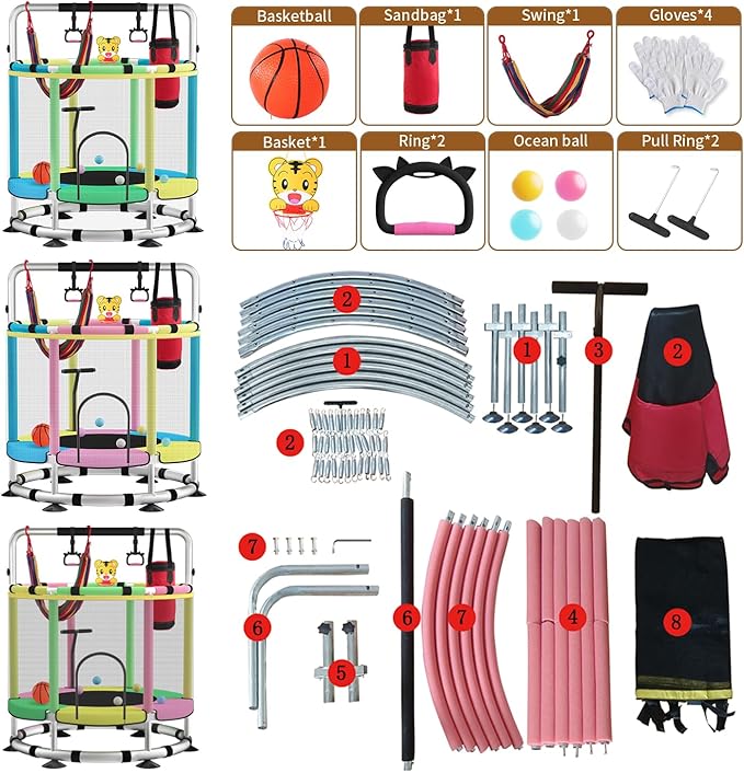 Trampoline for Kids, Adjustable Baby Toddler Trampoline with Basketball Hoop, Round Bottom Indoor Outdoor Toddler with Enclosure