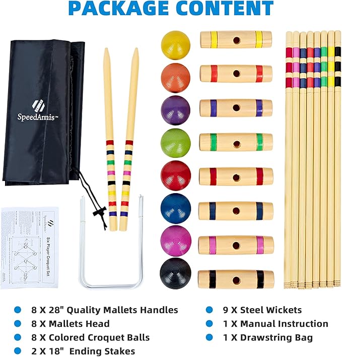 28In Croquet Party Set for 8 Players - Made of Long-Lasting Pine Wood, Family Fun for Backyards, Camping and More, Comes with Colorful Mallets, PE Balls, Wickets, Stakes, and Carrying Bag
