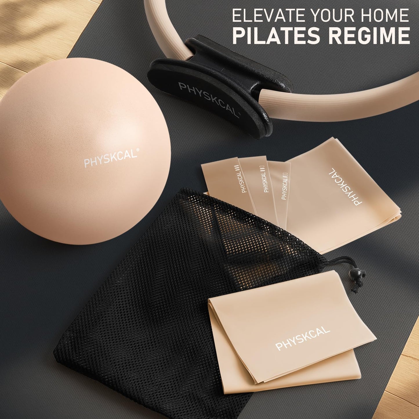 PhysKcal Pilates Kit, 15-Inch Pilates Ring with Pilates Ball & Bands, Nude