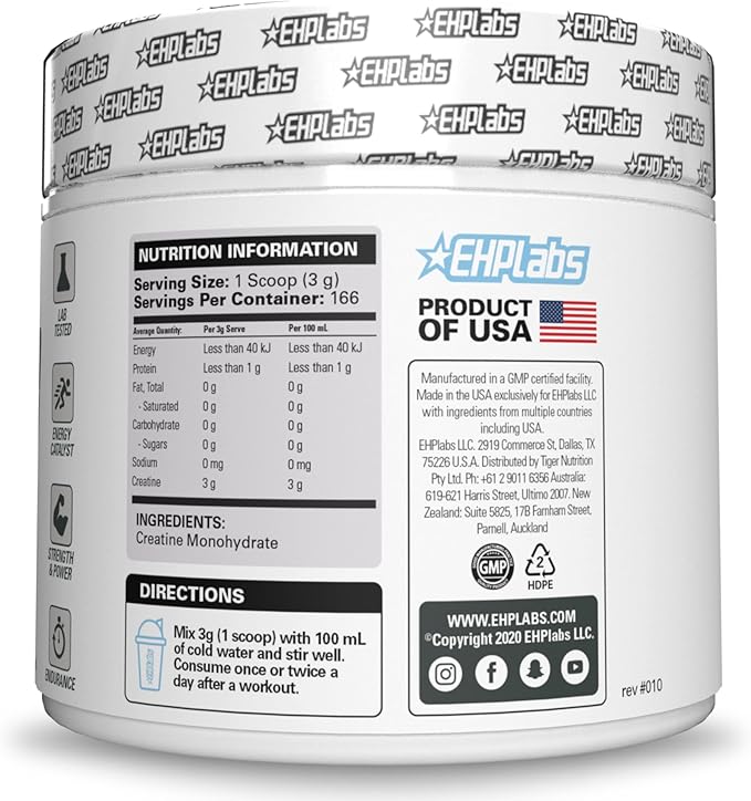 EHP Labs CREA-8 Micronized Creatine Monohydrate Powder - Unflavored Creatine Powder for Muscle Growth, Increased Strength, Enhanced Energy Output and Improved Performance - 100 Servings (500g)