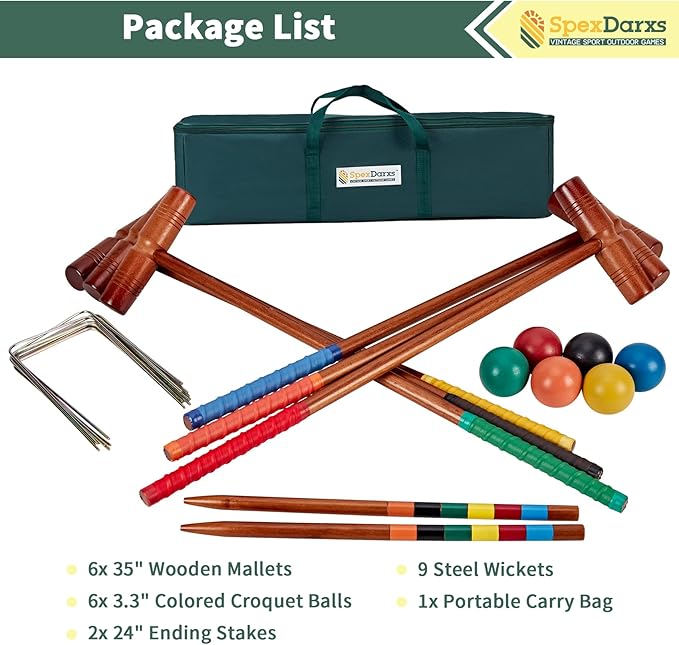 35’’ Deluxe Croquet Set, Six Player Croquette Game with Premium Wooden Mallets, Colored Balls, Wickets, Stakes, Carrying Bag, Outdoor Family Games for Lawn/Backyard/Park
