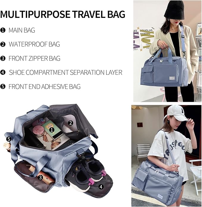 Travel Duffel Tote Bag with Dry Wet Separation Pocket, Weekender Bag for Women and Men,Waterproof Bag with Shoe Compartment Lightweight and Easy Carry on Blue