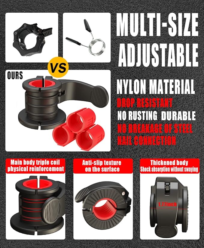 Barbell Clips 1 Inch Quick Release Weight Clamps 0.9-1.18inch Multi-Size Adjustable Olympic Clamps for Bars