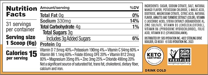 SOS Hydration Electrolyte Drink Mix (31 Servings) – Low Sugar, 15 Calorie, Keto-Friendly & Rapid Rehydration (31 Servings, Mango)