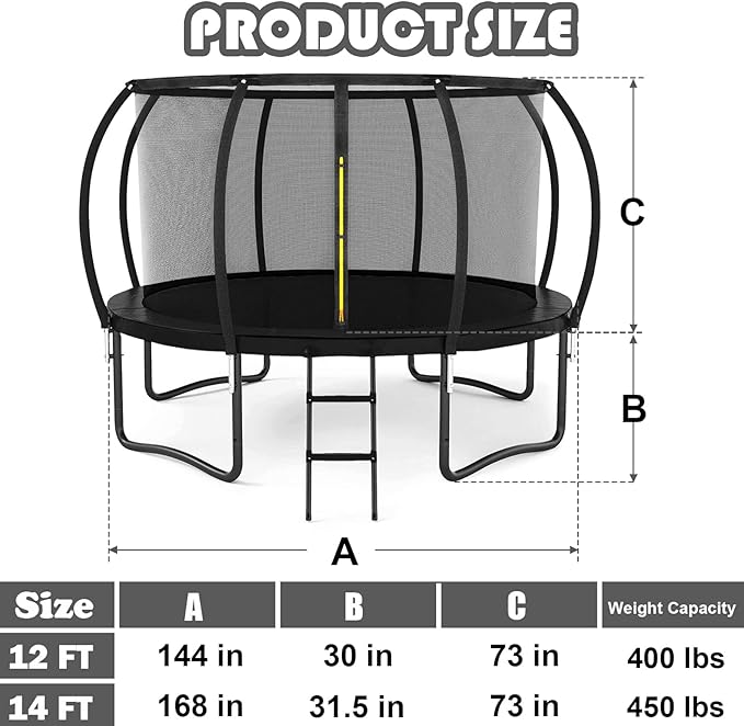 Trampoline 12FT 14FT 15FT 16FT for Kids/Adults - Outdoor Recreational with Enclosure Net Curved Poles and Ladder, Heavy Duty Anti-Rust Coating, ASTM Approval