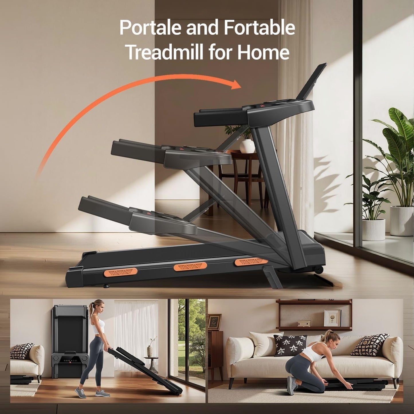 17% Incline Compact Folding Treadmill, 3.0HP Low Noise Walking Pad with Handlebars, 350 LBS