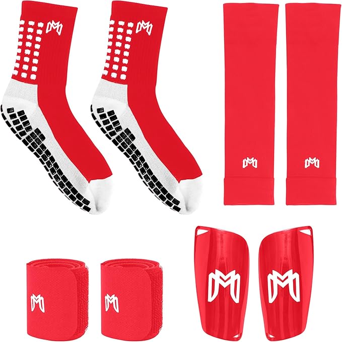 Soccer Grip Socks, Shin Guards, Pre Cut Sock Sleeves, and Guard Straps Bundle Pack - Essential Equipment for Soccer Players - for Mens, Women, Youth, Size 7 to 12 US Men Shoe Size