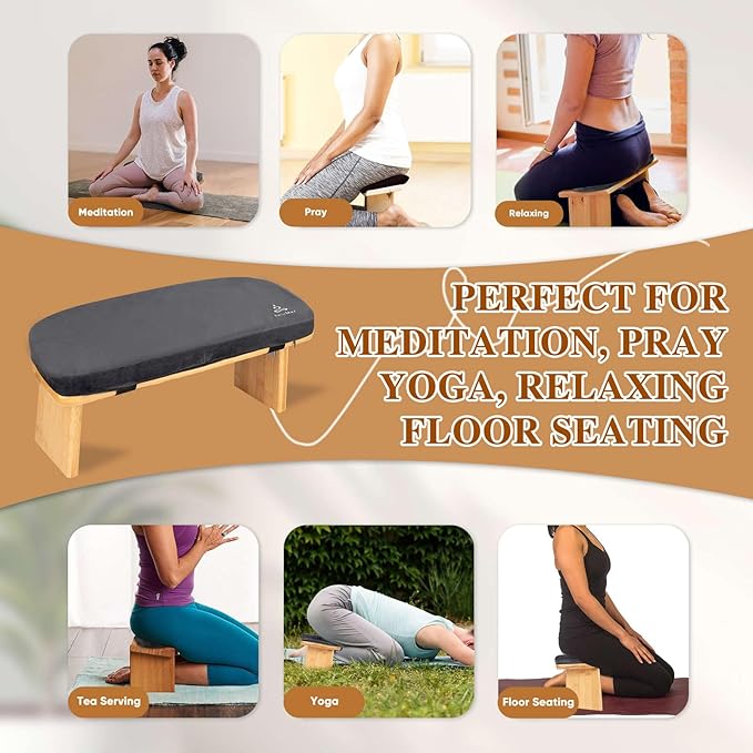 Meditation Bench with Cushion Foldable Ergonomic Bamboo Kneeling Stool Seiza Bench Wooden Meditation Stool Chair Zen Lotus Yoga Stool Floor Sitting Prayer Bench Removable Pillow