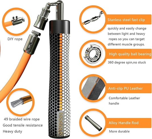 Weighted Jump Rope for Men Women -Interchangeable 1/5lb 1/4lb 1/2lb Heavy jump ropes - 360 Degree Spin - Length Adjustable,Ergonomics Leather Grip Skipping Rope for Fitness Weight Loss & More