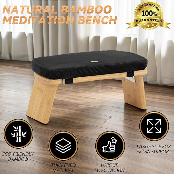 Meditation Bench, Bamboo Meditation Stool, Folding Kneeling Meditation Bench, Seiza Prayer Bench, Prayer Bench with Meditation Cushion, Kneeling Stool (Black)