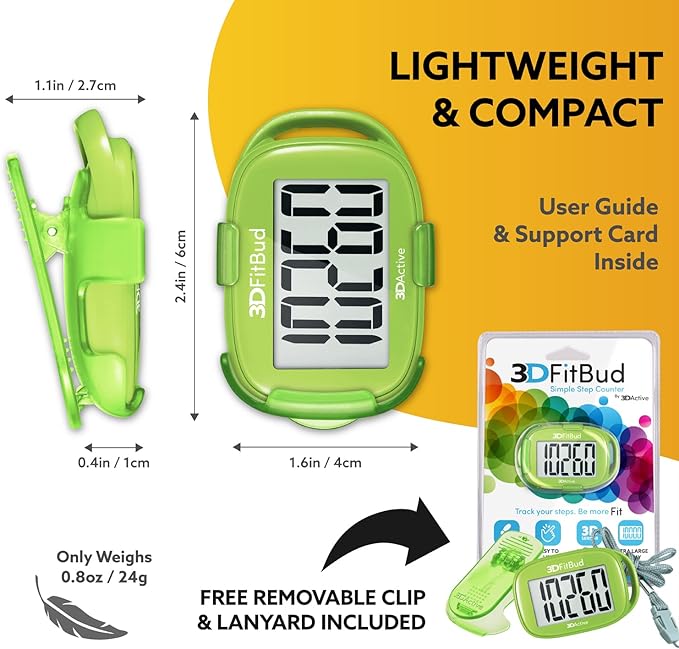 3DFitBud Simple Step Counter Walking 3D Pedometer from 3DActive with Clip & Lanyard - A420S