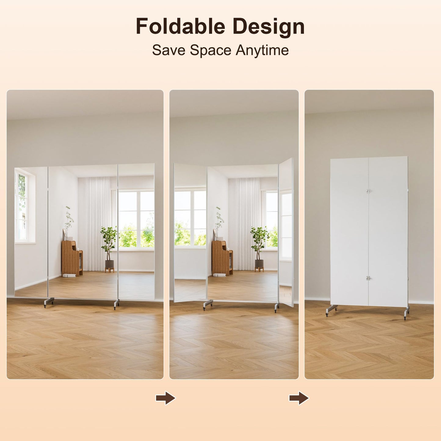 brisafe 71"x67" Folding Mirror with Wheels, 3-Panel Full Length Standing Mirror, Space-Saving