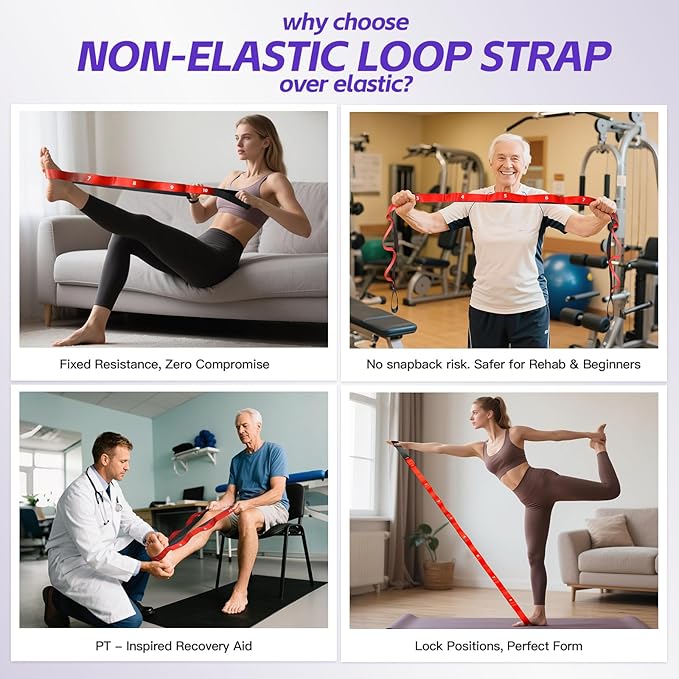 Stretching Strap with Loops - Non Elastic Yoga Straps for Physical Therapy, Durable Stretch Bands for Exercise, Flexibility Training, Hamstring & Leg Stretcher, Yoga/Pilates/Gymnastics