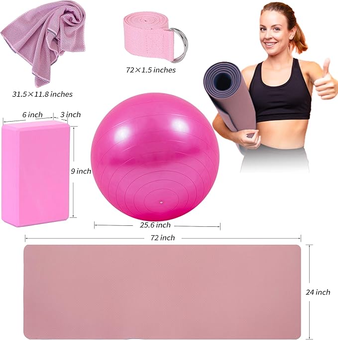 Yoga Starter Kit - 11-Piece Set with Yoga Blocks, Strap, Ball, Mat, Carrying Strap, Net Bag, Cooling Towel