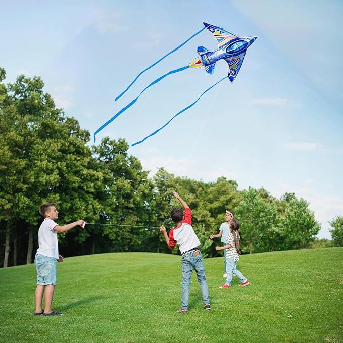Airplane Kite for Kids and Adults, Easy to Fly with Durable Fiberglass Frame, Outdoor Fun Sports Plane Kite with Handle and Line Good Flying (Fighter Plane-Blue)