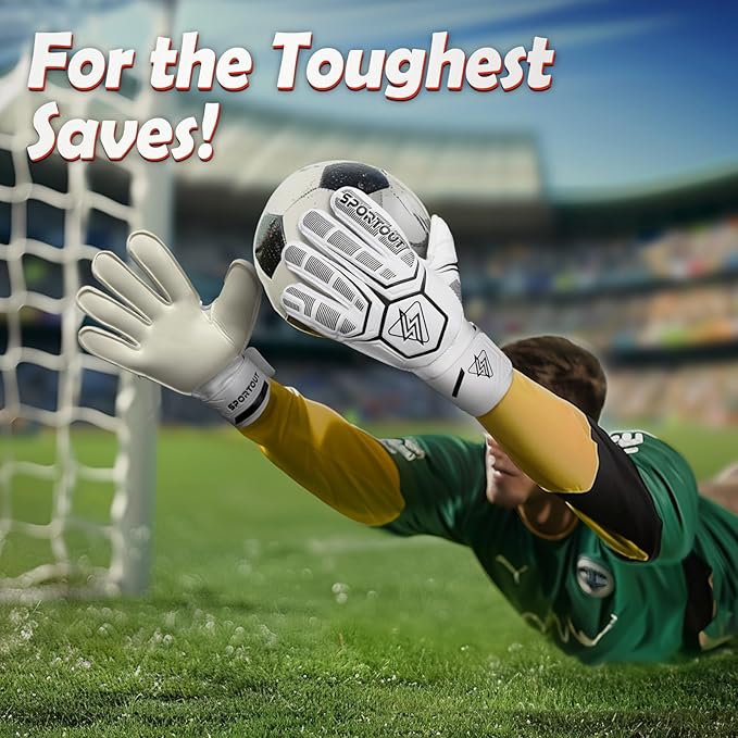 Sportout Goalie Gloves, Goalkeeper Gloves with Finger Protection, Breathable Soccer Goalie Gloves, 4mm Latex, for Kids Youth and Adult