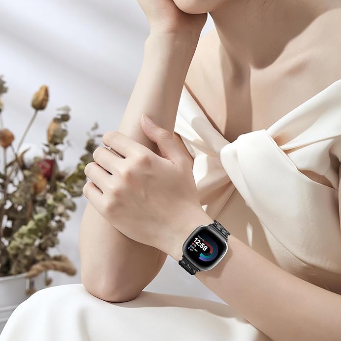 Braided Band Compatible with Fitbit Versa 4 Bands for Woman/Versa 3/Sense 1/Sense 2 Band, Magnetic Clasp Fabric Nylon with Designer Interlock Buckle Straps for Fitbit Versa4/3/Sense1/2