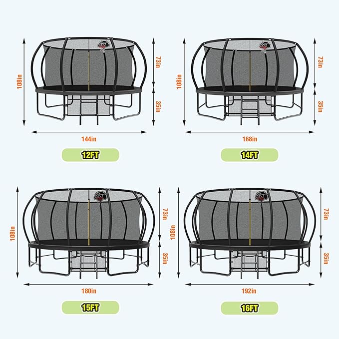 12 14 15 16FT Outdoor Trampolines for Kids and Adults, Pumpkin Trampolin with Curved Poles, Recreational Trampolin with Basketball Hoop and Safety Enclosure Net for Kids and Adults