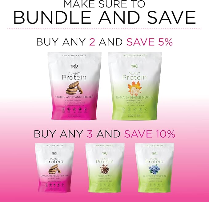 TRU Supplements Plant Based Protein Powder, BCAA, EAA, 20g Vegan Brown Rice & Pea Protein, 100 Calories, 27 Vitamins, No Artificial Flavors 25 Servings (Chocolate Peanut Butter)