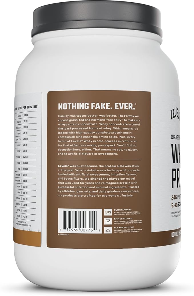 Levels Grass Fed Whey Protein Powder, No Artificials, 24G of Protein, Double Chocolate, 2LB