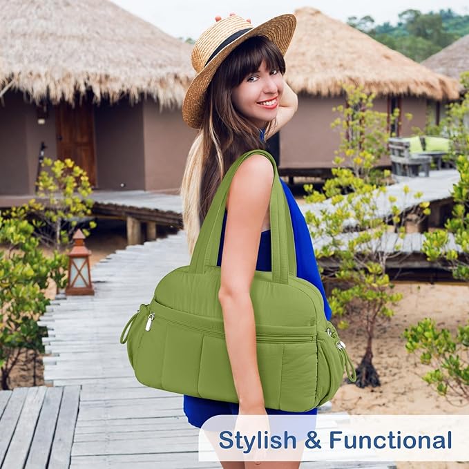 TOPDesign Travel Duffel Bag for Women, Puffer Gym Bag Sports Tote with Wet Pocket, Carry On Weekender with Luggage Sleeve (Green)