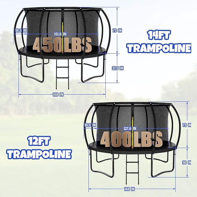 Trampoline 8FT 10FT 12FT 14FT 16FT, Outdoor Trampolines for Kids and Adults, Recreational Trampoline with Enclosure Net & Ladder, Round Trampoline ASTM Approved, 400/450LBS Weight Capacity