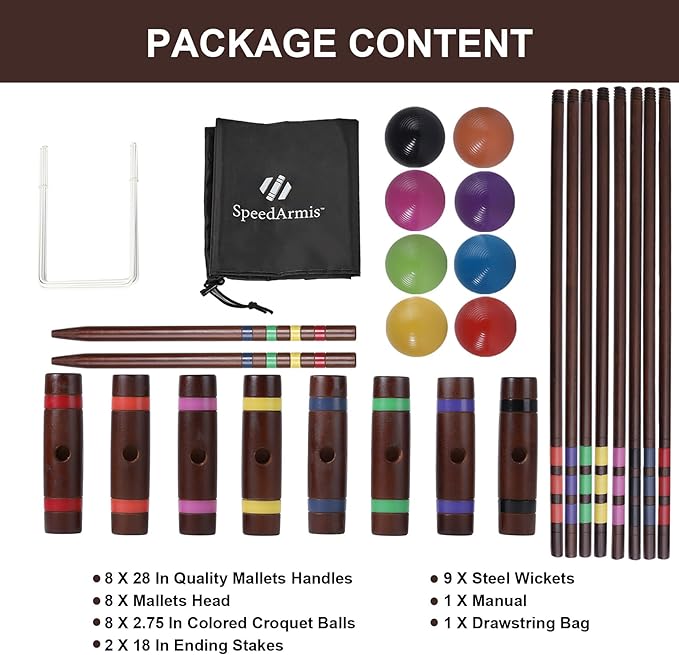28In Croquet Party Set for 8 Players - Made of Long-Lasting Pine Wood, Family Fun for Backyards, Camping and More, Comes with Colorful Mallets, PE Balls, Wickets, Stakes, and Carrying Bag