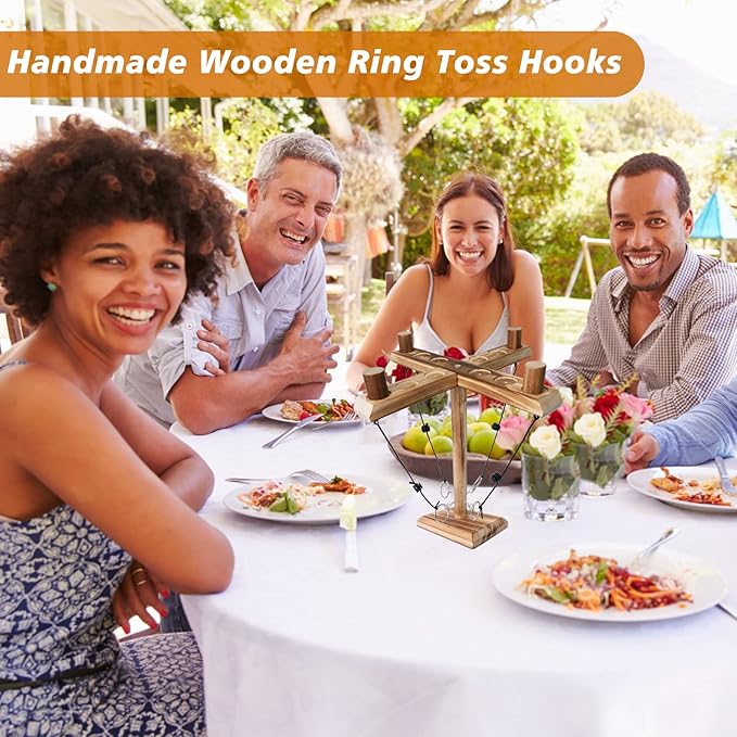 4 Player Hook and Ring Toss Battle Game - Handmade Wooden Loop Throwing Hooks for Adults, Fast-Paced Interactive Home Party Game