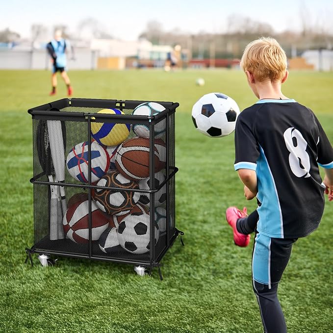 smusei Ball Storage Bin Rolling Sports Ball Storage Cart Garage Sports Equipment Organizer Rack with Wheels Outdoor Basket Ball Cage for Garage, School, Gym, Yoga Room