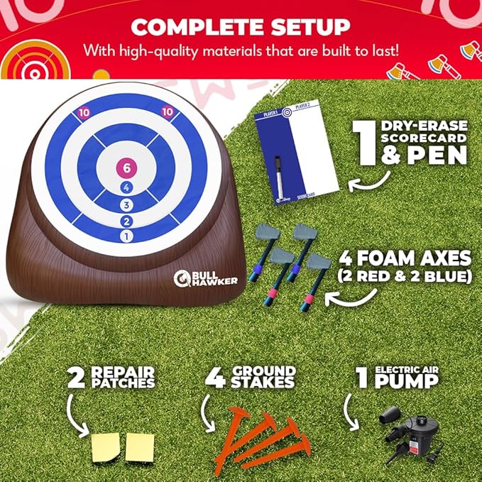 Swooc Games® - Bull Hawker™ | Giant Axe Darts (Over 6ft Tall) w/ 15+ Games | Axe Throwing Game for Backyard w/Air Pump | Outdoor Games for Adults and Family | Carnival Games | Throwing Axe Yard Games