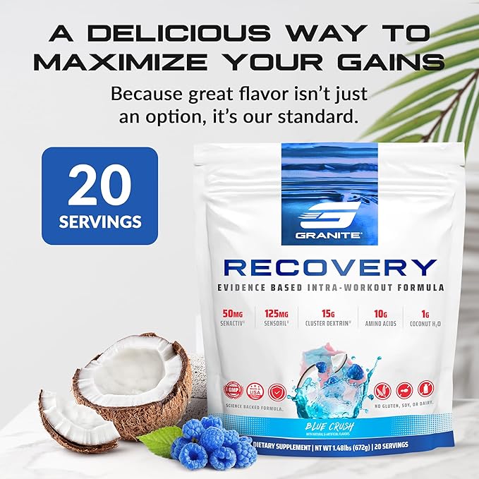 Granite Recovery Intra and Post-Workout Supplement, Blue Crush Flavor, with 10g Aminos, Electrolytes, Cluster Dextrin, & Sensoril, Supports Muscle Recovery & Growth (20 Servings)