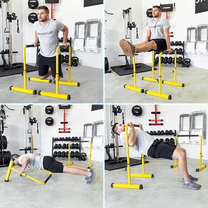 Synergee Dip Bar. Adjustable Dip Station from 30????39??for Dips, Inverted Pull Ups. Max capacity 400 lbs. Portable Dip Stand for Total Body Workout. Available in Yellow and Black.