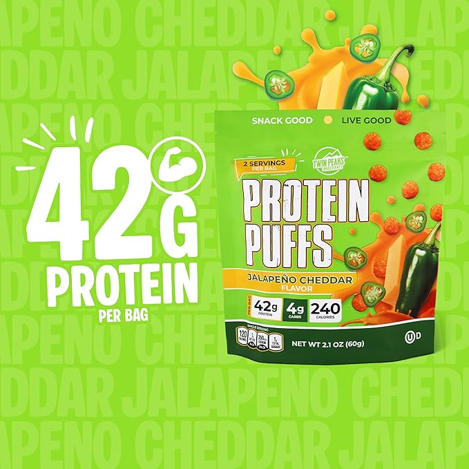 Twin Peaks Low Carb, Keto Friendly Protein Puffs, (Jalapeno Cheddar, 2.1 Ounce), 2 Servings, 3 Pack (60g, 42g Protein, 4g Carbs)