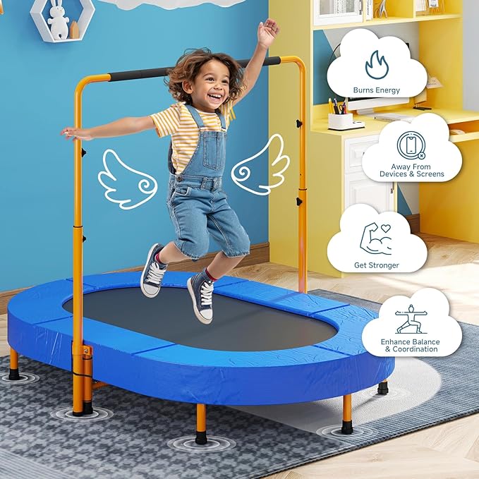 36"x56" Indoor Trampoline for Kids, Foldable Trampoline with Adjustable Handle, Double Trampoline for Boy and Girl, Kids Small Trampoline