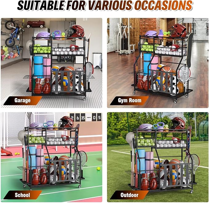 Sports Equipment Organizer, Garage Storage with Basket and Hooks, Rolling Cart with Wheels for Toy Sports Gear Storage, Ball Rack for Indoor/Outdoor