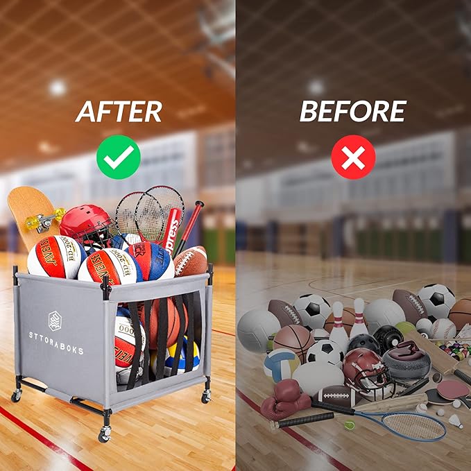 Sports Ball Storage Cart with Wheels, Lockable Ball Organizer Basket with Elastic Straps, Stackable Ball Cage for Garage Storage, Gym, Sports Equipment Storage Oxford Bin, Ball Case