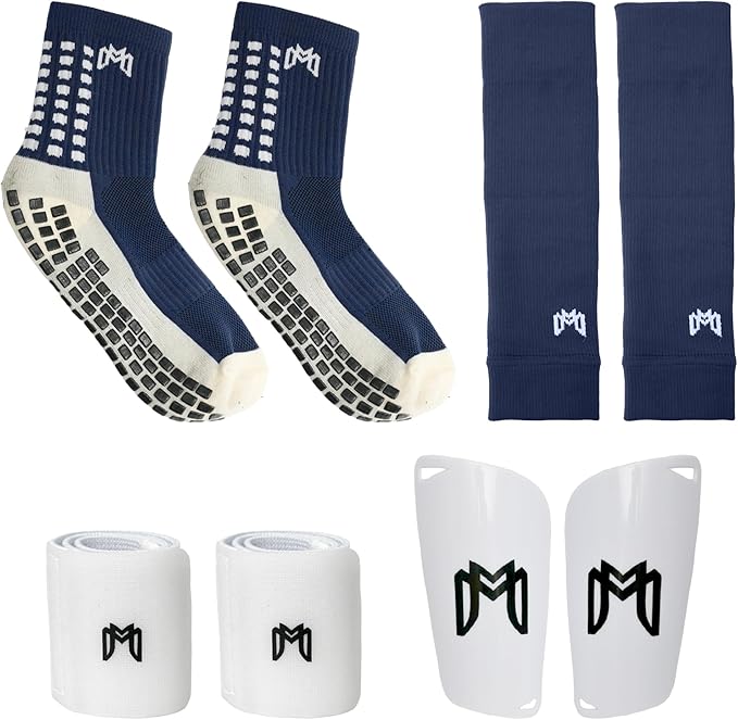 Soccer Grip Socks, Shin Guards, Pre Cut Sock Sleeves, and Guard Straps Bundle Pack - Essential Equipment for Soccer Players - for Mens, Women, Youth, Size 7 to 12 US Men Shoe Size