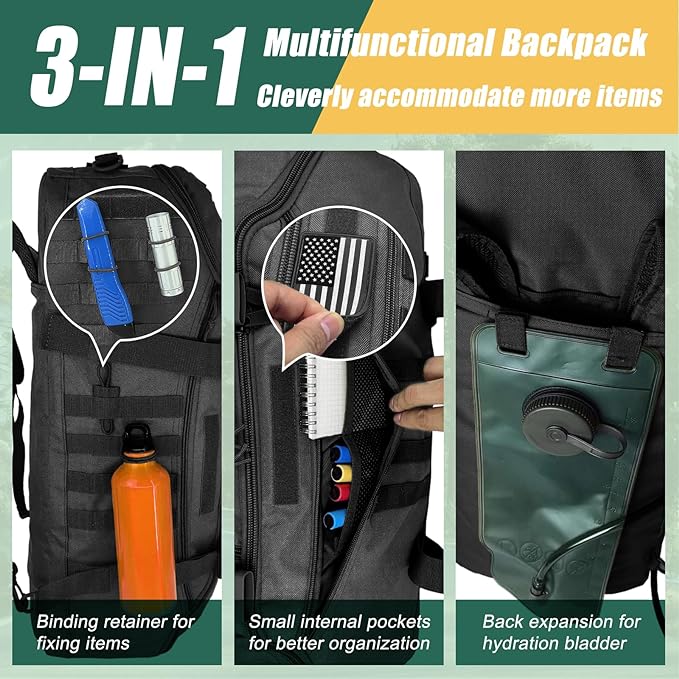 55L Large Travel Gym Duffle Bag Military Tactical Backpack, Army Pack 3 Day Bug Out Bag Rucksack for Outdoor Sport Hiking Camping with Molle System, Black