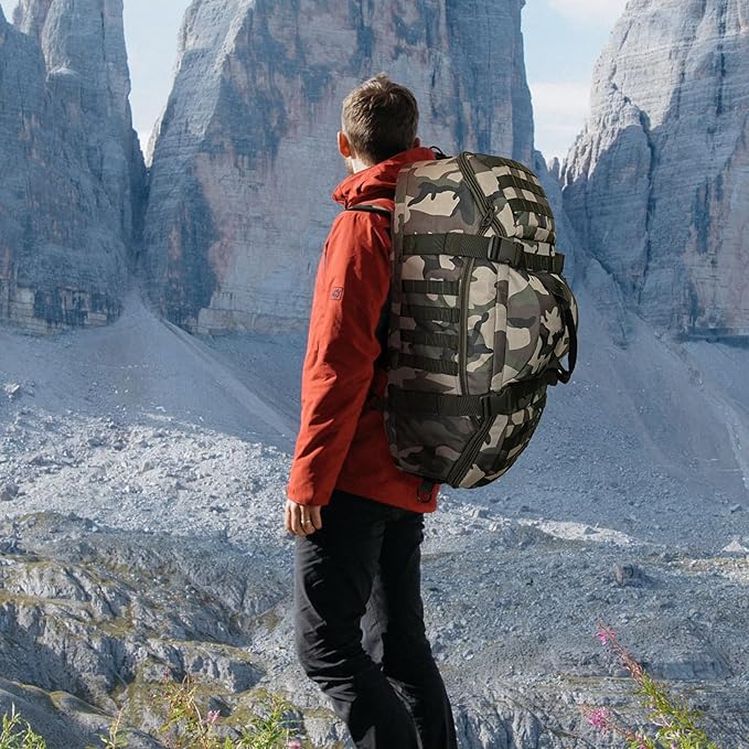 55L Large Travel Duffle Bag Military Tactical Backpack, Army Assault Pack 3 Day Bug Out Bag for Outdoor Sport Hiking Camping with Molle System, Woodland