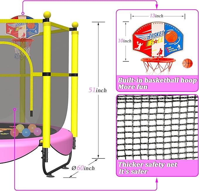60" Trampoline for Kids, 5 FT Indoor & Outdoor Toddler Baby Trampoline with Basketball Hoop, Safety Enclosure, Birthday Gifts for Kids, Gifts for Boy and Girl, Age 3-8