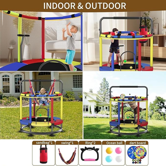 Trampoline for Kids, Full Anti-Rust 440lbs Anti-Rollover Round Bottom Toddler Trampoline, T-handrail Adjustable Baby Toddler Trampolines Dart Board