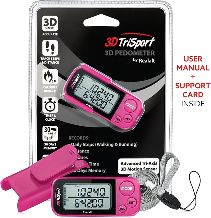 3DTriSport Walking 3D Pedometer with Clip & Strap, eBook Included | 30 Days Memory, Accurate Step Counter, Walking Distance Miles/Km, Calorie Counter, Daily Exercise Time Monitor