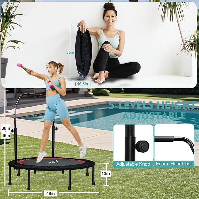 RAVS Mini Trampoline for Kids Adults 40"/48" Foldable Fitness Rebounder Kids Trampoline with 5 Levels Height Adjustable Handle Resistance Bands Indoor Workout