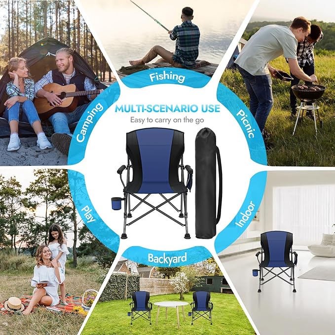 2 Pack Oversized Folding Camping Chair for Adults, Supports 450 LBS Camping Chairs, Heavy Duty Camping Chair with Side Pockets, Foldable Outdoor Chair for Camping, Beach, Fishing, Hiking, Blue-Black