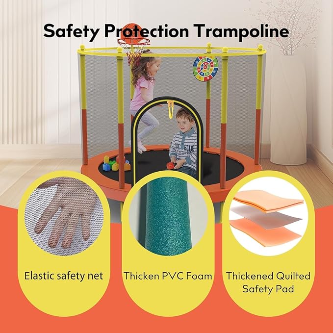 72" Trampoline for Kids with Net,6 FT Indoor & Outdoor Small Toddler Trampoline with Basketball Hoop & Dart Board for Ages 1-8, Birthday Gifts for Boys & Girls, Baby Toddler Christmas Toys