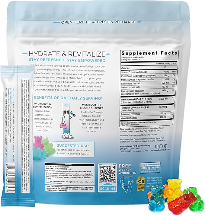 One Sol BCAA & Electrolyte Powder for Hydration & Energy, All-Natural Formula, 100% Vegan, Non-GMO, Gluten Free & Soy-Free, Promotes Muscle Growth & Recovery, Gummy Bear Flavor
