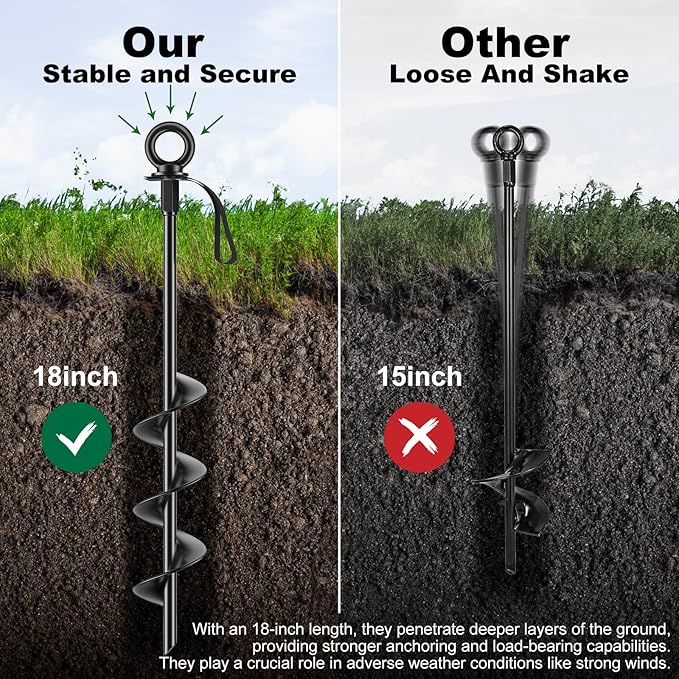 18 Inch Ground Anchors 4 Packs Heavy Duty Fully Welded Trampoline Stakes Screw in Anchors for Swing Set High Wind Tent Hurricane Carport, Shed,Mobile Home