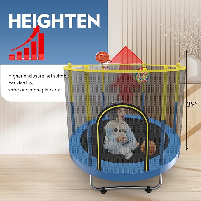 72" Trampoline for Kids with Net,6 FT Indoor & Outdoor Small Toddler Trampoline with Basketball Hoop & Dart Board for Ages 1-8, Birthday Gifts for Boys & Girls, Baby Toddler Christmas Toys